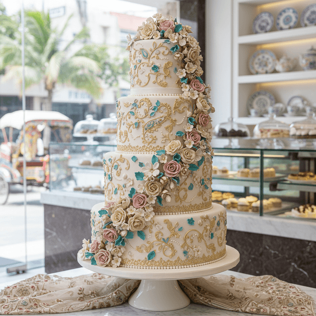 AI-generated wedding cake display image