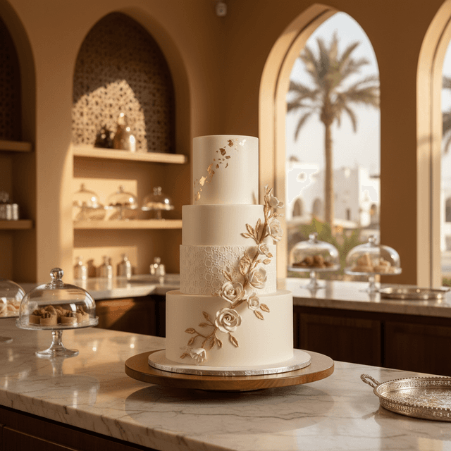 AI-generated wedding cake display image
